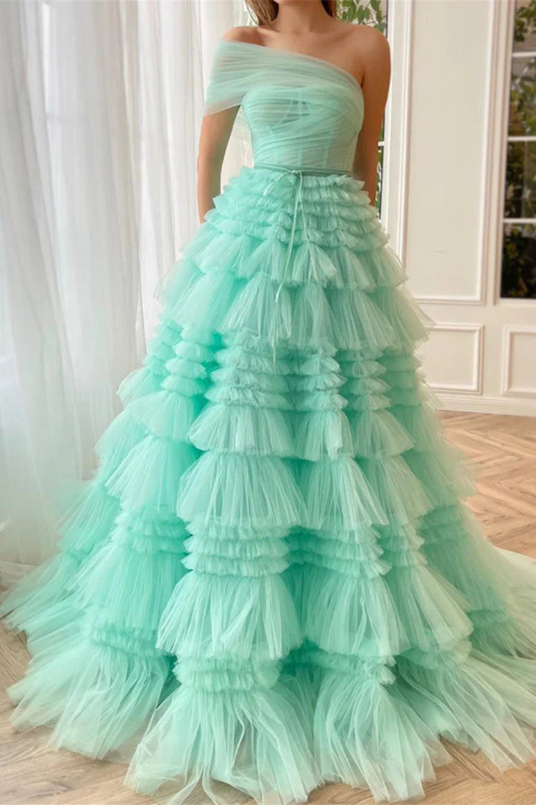 Luolandi Mint Green One Shoulder Long Prom Dress A Line Tiered Evening Dress Floor Length