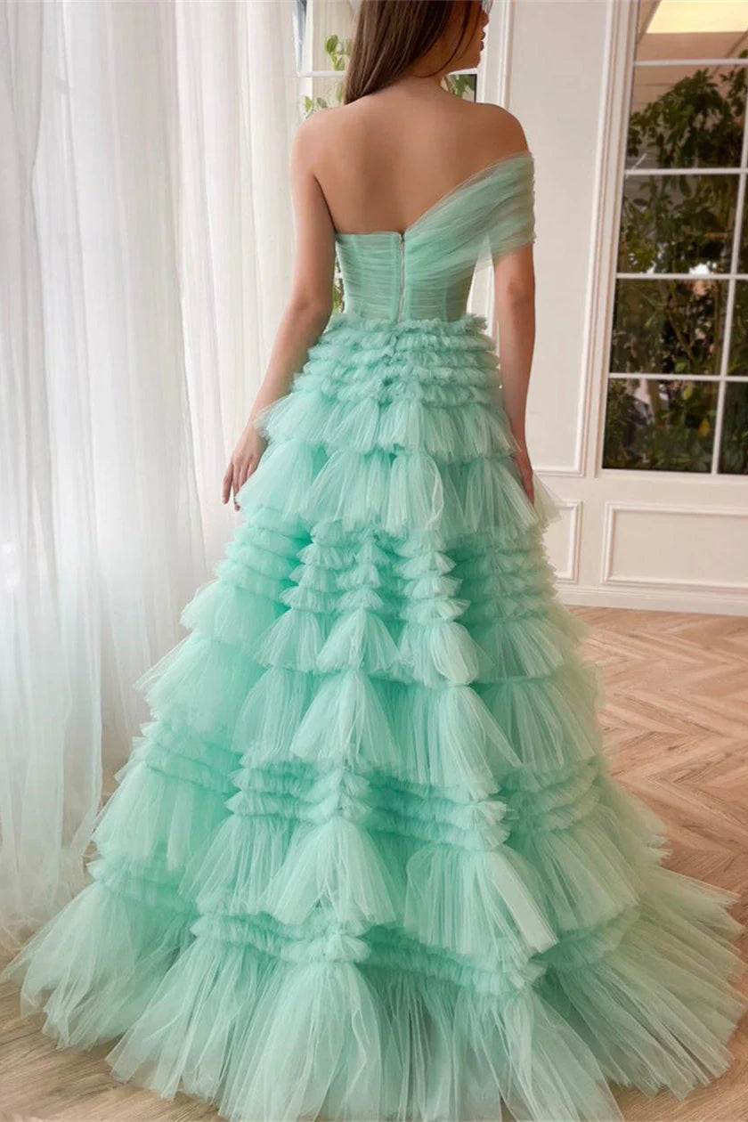 Luolandi Mint Green One Shoulder Long Prom Dress A Line Tiered Evening Dress Floor Length