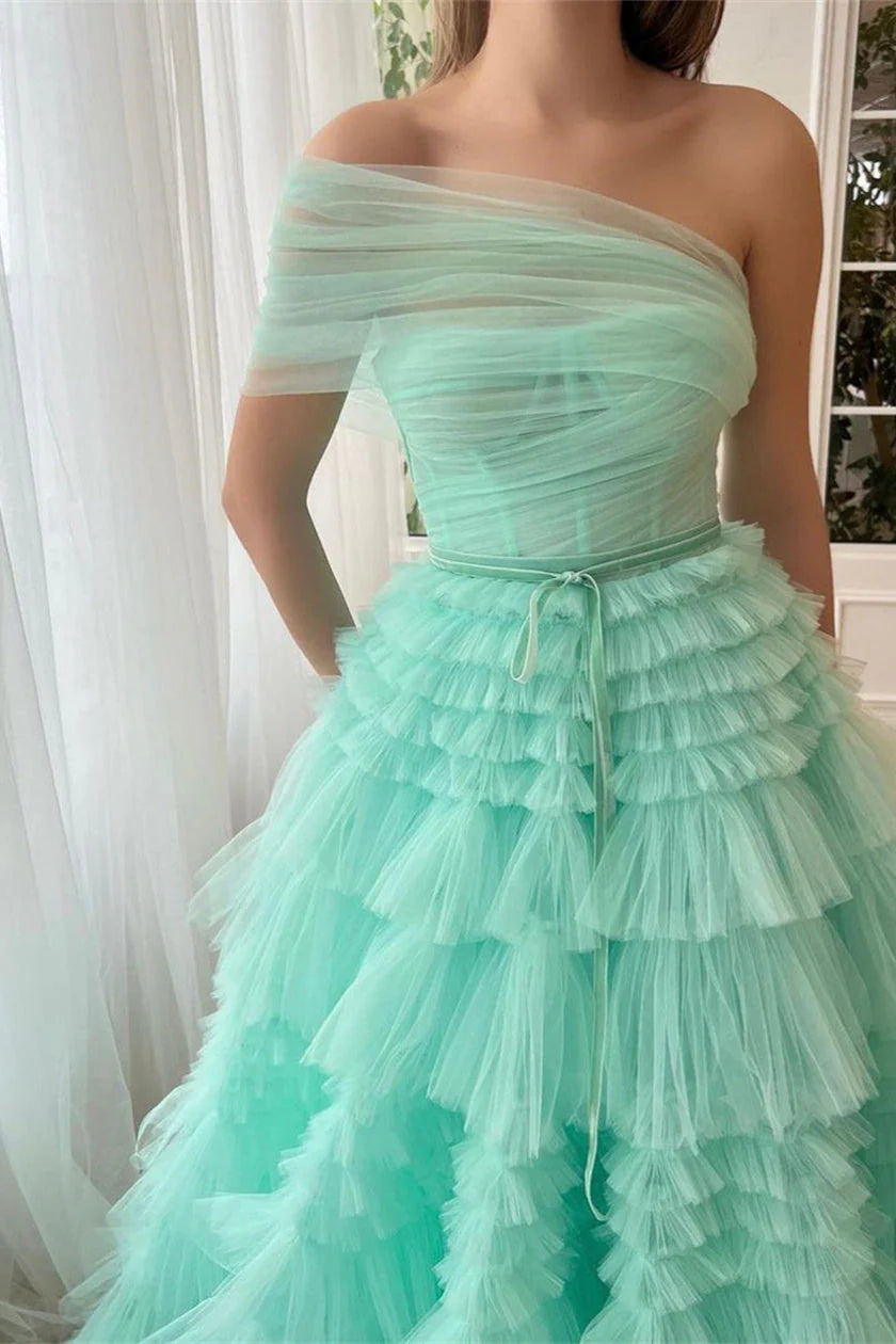 Luolandi Mint Green One Shoulder Long Prom Dress A Line Tiered Evening Dress Floor Length