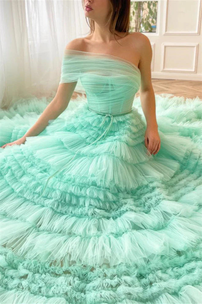 Luolandi Mint Green One Shoulder Long Prom Dress A Line Tiered Evening Dress Floor Length