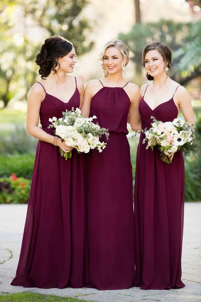 Luolandi Mix A Line Chiffon Sleeveless Burgundy Straps Long Bridesmaid Dresses Elegant Party Dress