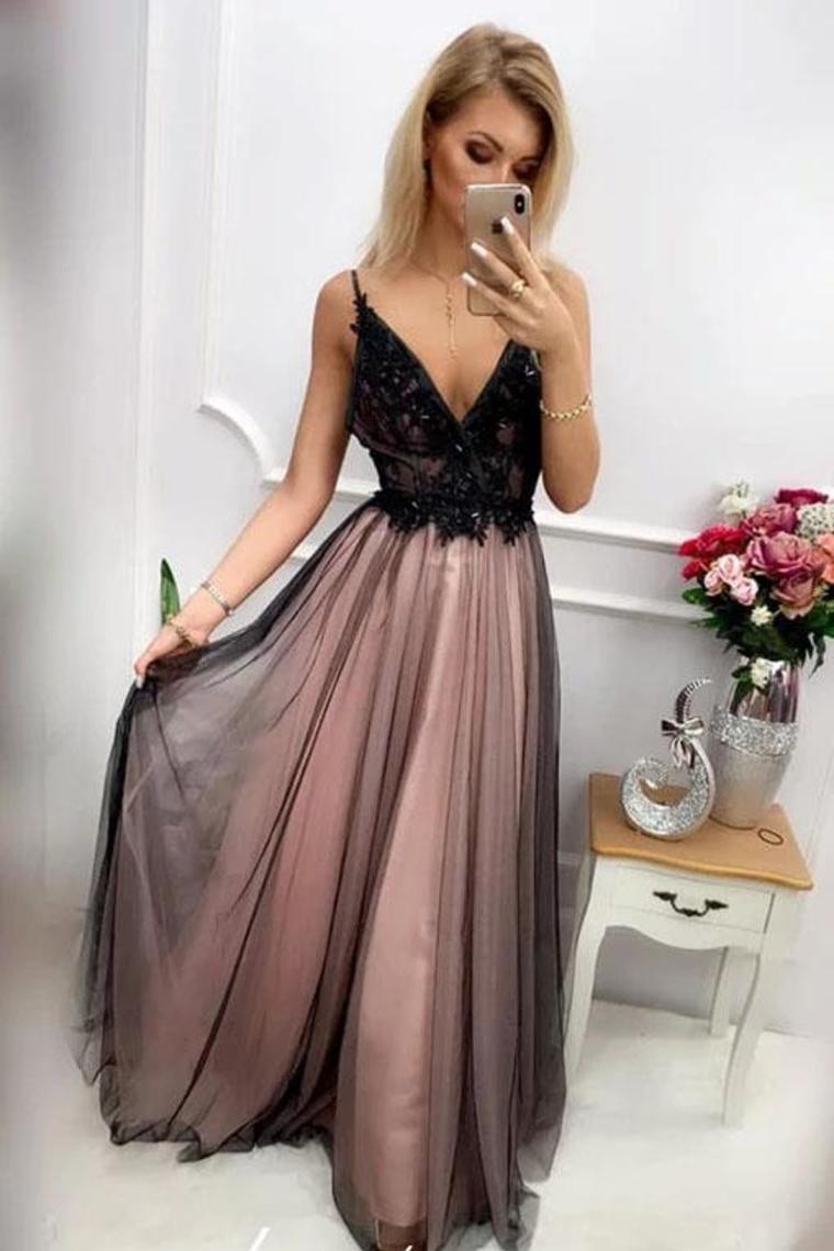Luolandi Modern V Neck Tulle Long Prom Dress With Appliques Floor Length Backless Formal Dress Evening Dresses