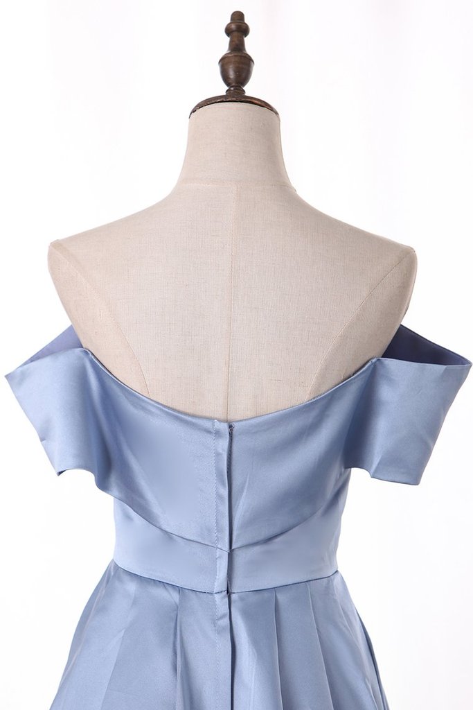 Luolandi Modest Off The Shoulder Blue Satin Long Prom Dresses Split Evening Dresses With Slit