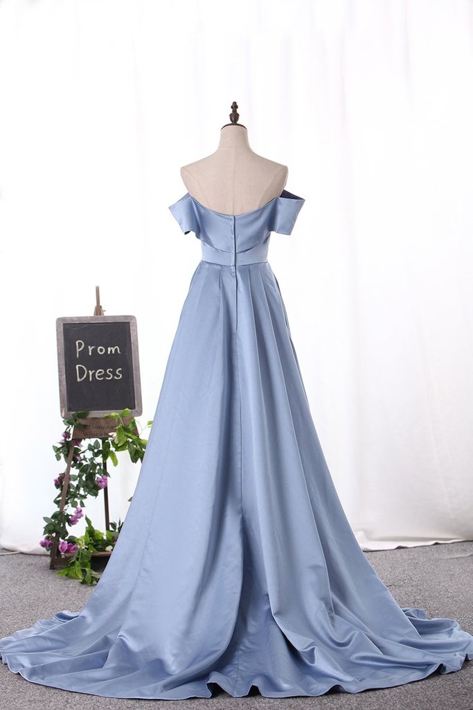 Luolandi Modest Off The Shoulder Blue Satin Long Prom Dresses Split Evening Dresses With Slit