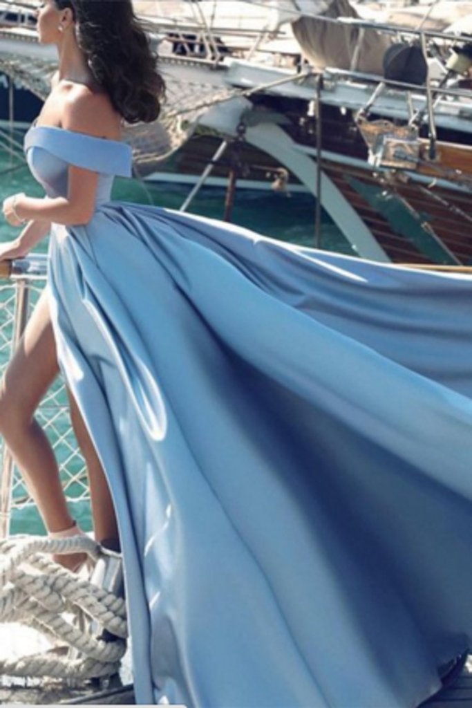 Luolandi Modest Off The Shoulder Blue Satin Long Prom Dresses Split Evening Dresses With Slit