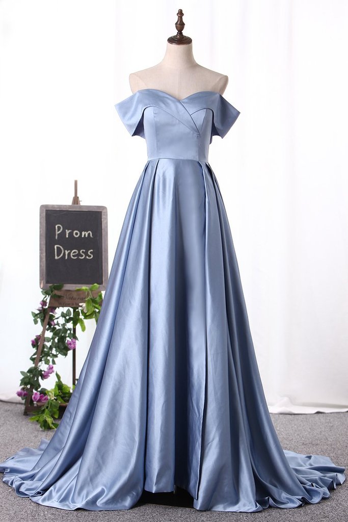 Luolandi Modest Off The Shoulder Blue Satin Long Prom Dresses Split Evening Dresses With Slit