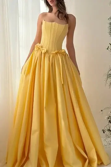 Luolandi Modest A-line Strapless Pleated Long Formal Prom Dress Cute Sleeveless Party Graduation Dress With Bow