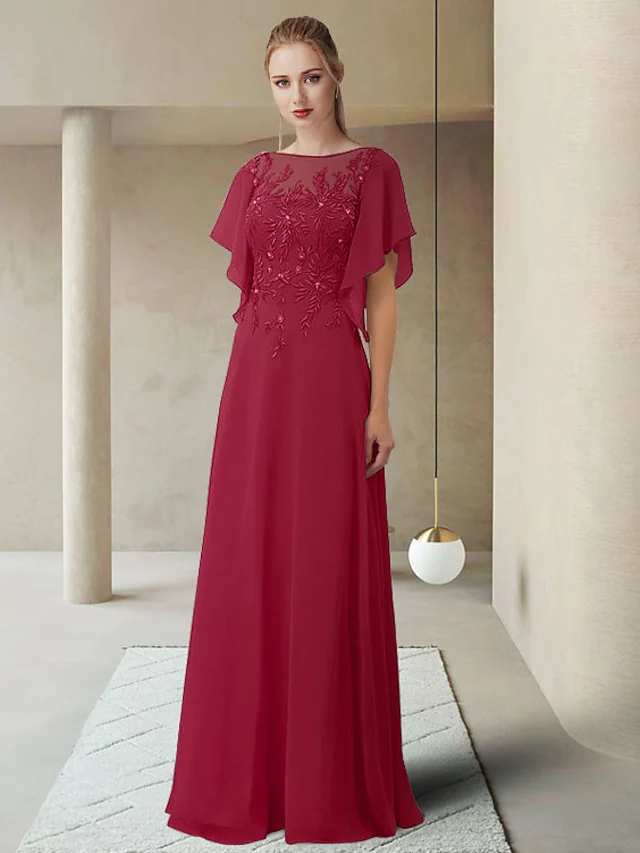 Luolandi Mother of the Bride Dress Elegant Jewel Neck Floor Length Chiffon Lace Half Sleeve with Appliques Burgundy