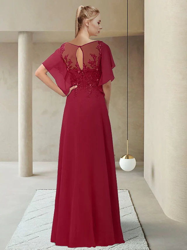 Luolandi Mother of the Bride Dress Elegant Jewel Neck Floor Length Chiffon Lace Half Sleeve with Appliques Burgundy