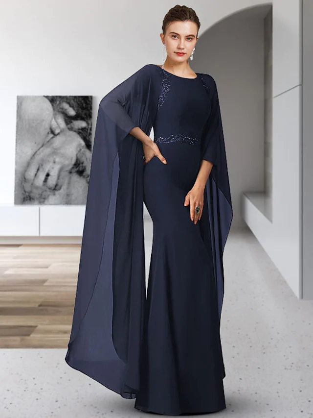 Luolandi Mother of the Bride Dress Elegant Jewel Neck Floor Length Chiffon Long Sleeve Wedding Guest Party Dress with Appliques