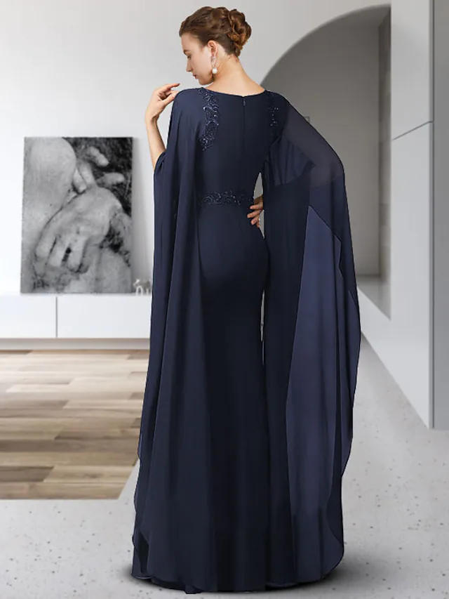 Luolandi Mother of the Bride Dress Elegant Jewel Neck Floor Length Chiffon Long Sleeve Wedding Guest Party Dress with Appliques