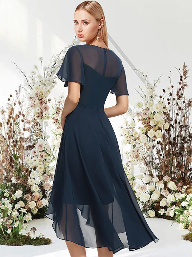 Luolandi A-Line Empire Elegant Wedding Guest Engagement Dress Jewel Neck Short Sleeve Asymmetrical Knee Length Chiffon Mother of the Bride Dress