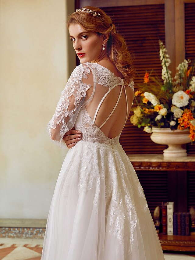Luolandi A-Line Wedding Dresses V Neck Lace Tulle Long Sleeve See-Through Pure Color