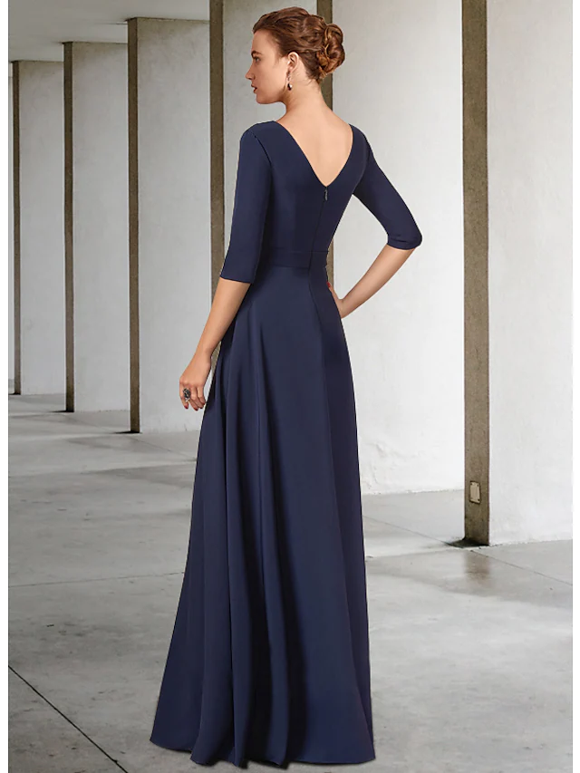Luolandi Mother of the Bride Dress Elegant V Neck Floor Length Fabric Half Sleeve with Sash Ribbon Bow(s)