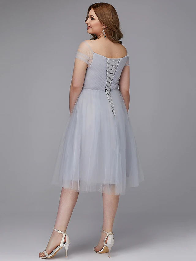 Luolandi A-Line Elegant Cocktail Party Prom Dress Off Shoulder Short Sleeve Tea Length Tulle with Sash Ribbon Criss