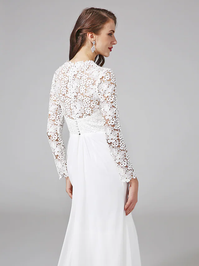 Luolandi Wedding Dresses V NeckChiffon Floral Lace Long Sleeve Romantic Boho Illusion Sleeve with Lace