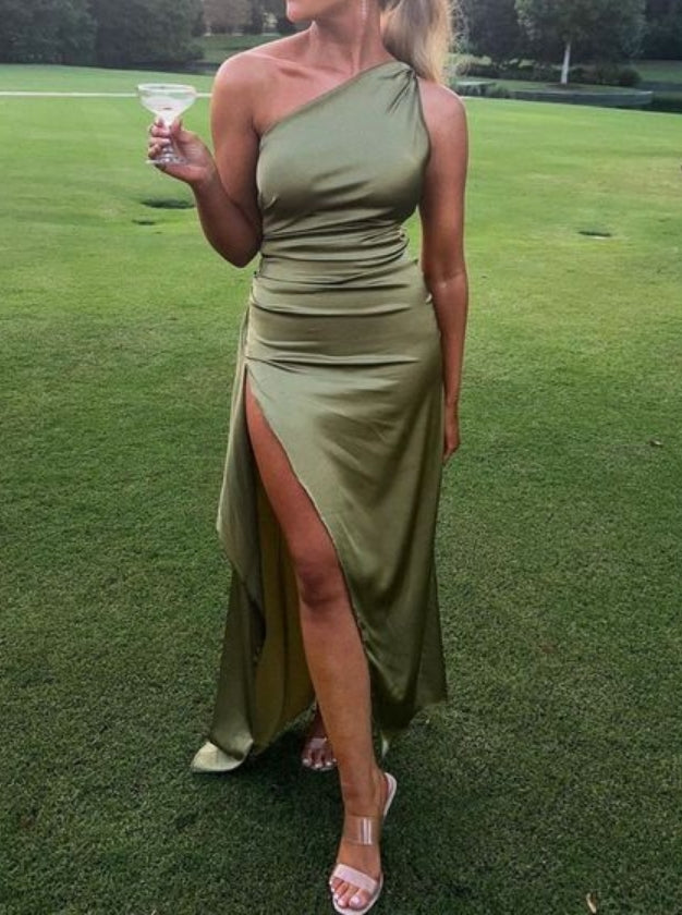 Luolandi Sage Green One Shoulder Wedding Guest Dress Bridesmaid dress Simple Party Dress With Slit
