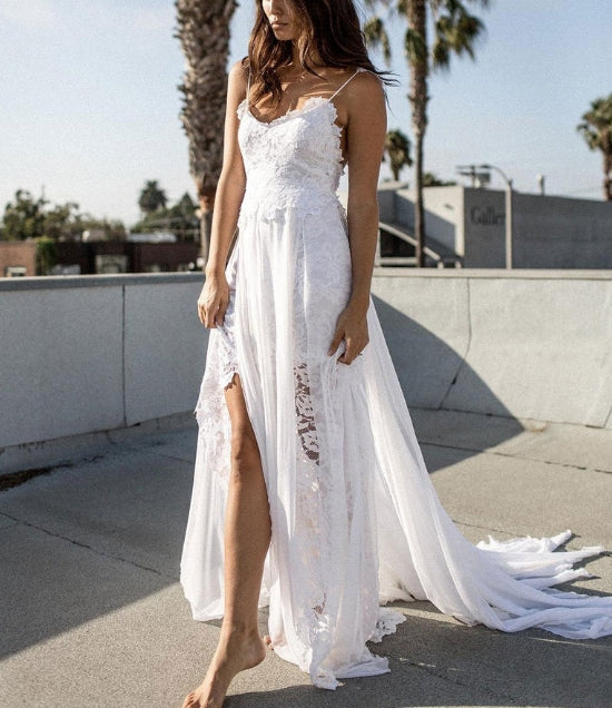 Luolandi A-line Spaghetti Strap Sweep Train Chiffon Lace Wedding Dresses Elegant Bridal Gowns