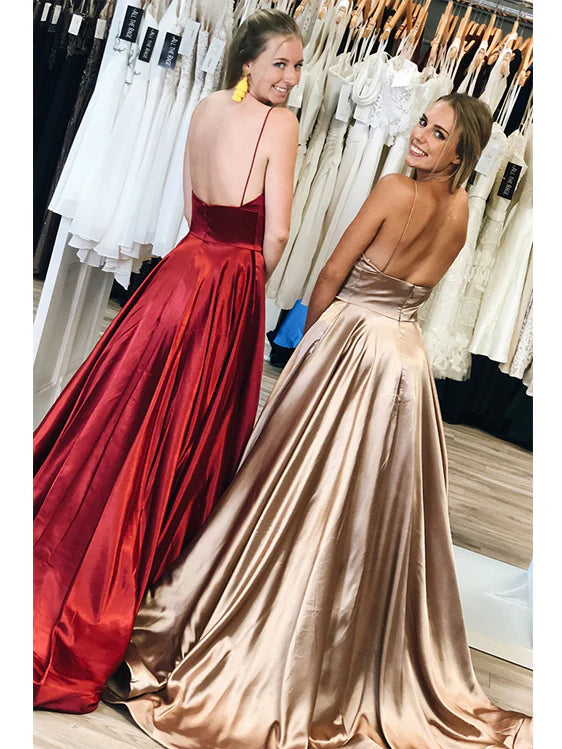 Luolandi Simple Satin Prom Dresses A-line Sexy Evening Gowns With Chapel Train Sexy Party Dress