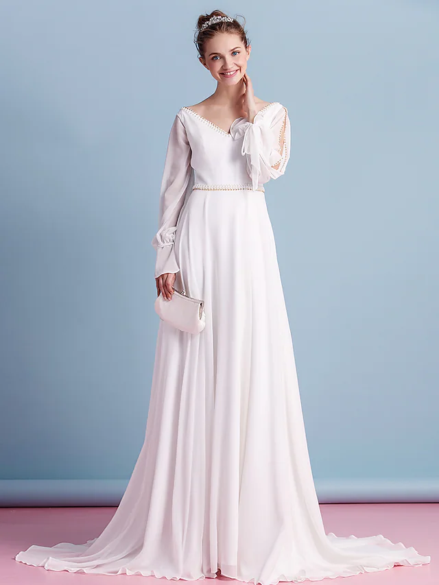 Luolandi Wedding Dresses V Neck Court Train Chiffon Long Sleeve with Beading Pure Color