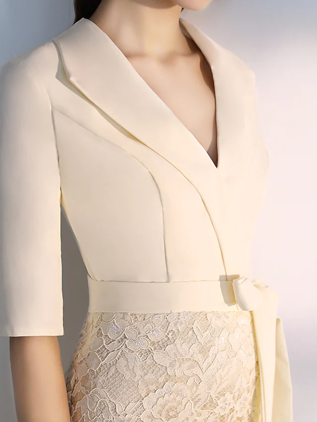 Luolandi Elegant bodycon Homecoming Cocktail Party Dress V Neck Half Sleeve Knee Length Lace Fabric with Sash