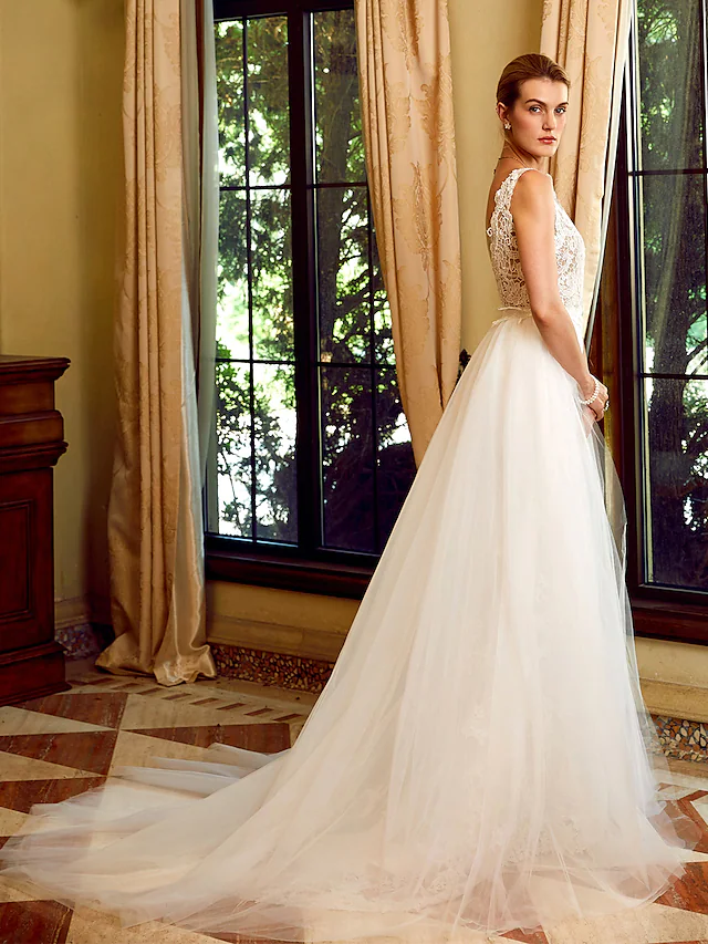 Luolandi Wedding Dresses V Neck Chapel Train Lace Tulle Regular Straps See-Through