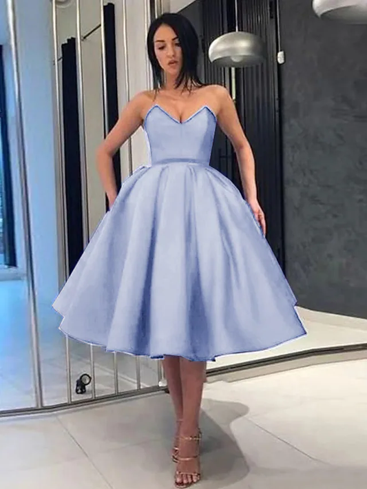 A-Line Minimalist Elegant Party Wear Cocktail Party Dress Strapless Sleeveless Knee Length Satin