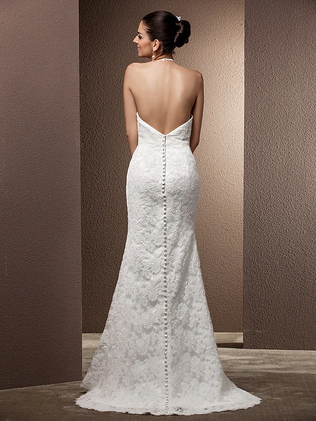 Luolandi Wedding Dresses Halter Neck Lace Regular Straps Open Back with Beading Flower