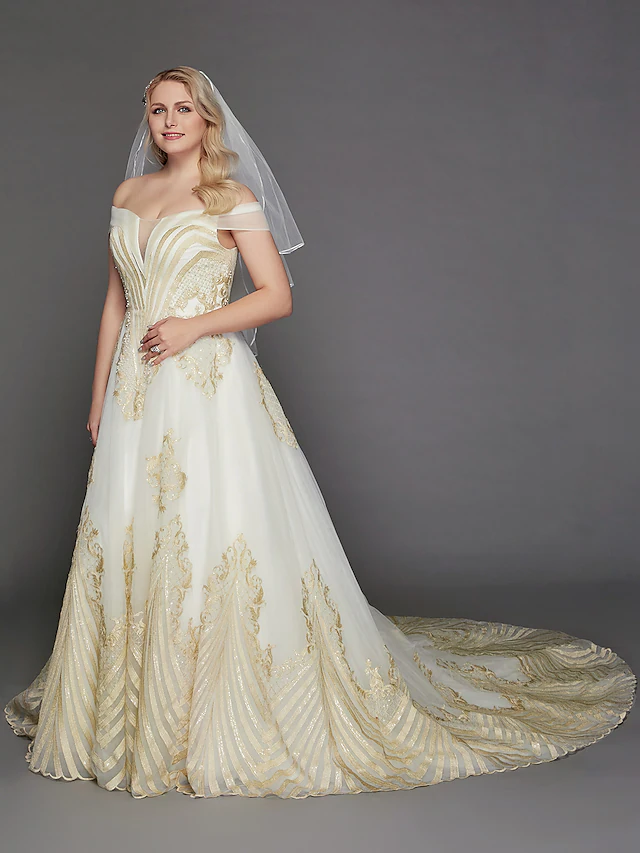Luolandi Princess Wedding Dresses Off Shoulder Chapel Train Lace Tulle Cap Sleeve Glamorous Illusion Detail