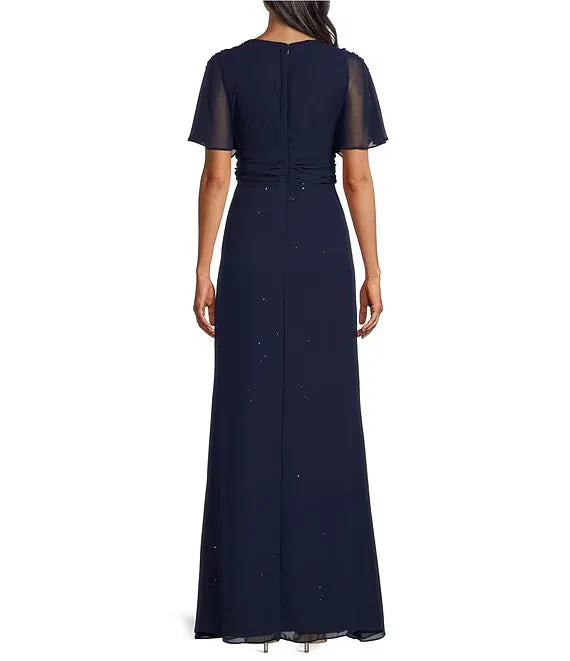 Luolandi Floating sleeves V-neck sequin lace details front slit A-line evening dress Navy Blue