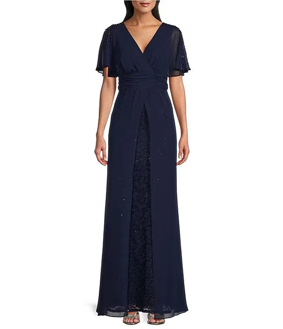 Luolandi Floating sleeves V-neck sequin lace details front slit A-line evening dress Navy Blue