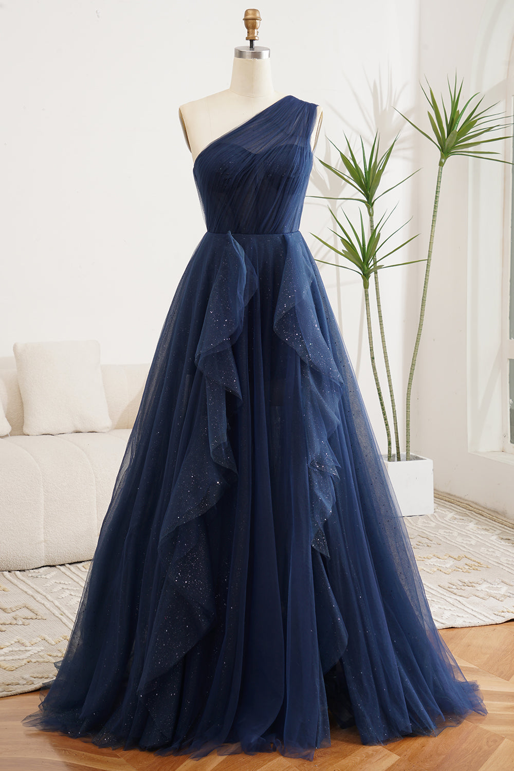 Luolandi A Line Navy One Shoulder Tulle Long Prom Dress Floor Length With Slit