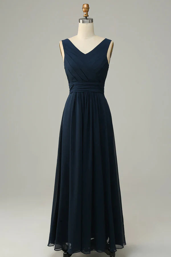 Luolandi Navy Blue V-neck Sleeveless A-line Bridesmaid Dress Floor Length