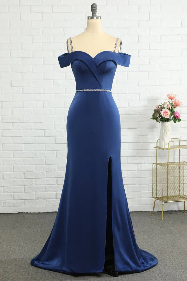 Luolandi Beaded Mermaid Off Shoulder Navy Blue Bridesmaid Dress With Slit Evening Dress