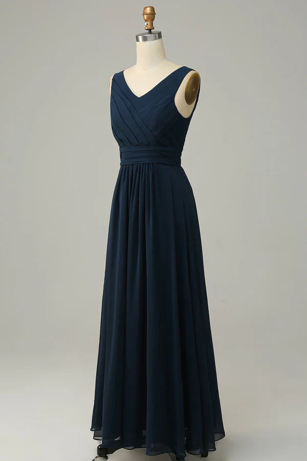 Luolandi Navy Blue V-neck Sleeveless A-line Bridesmaid Dress Floor Length