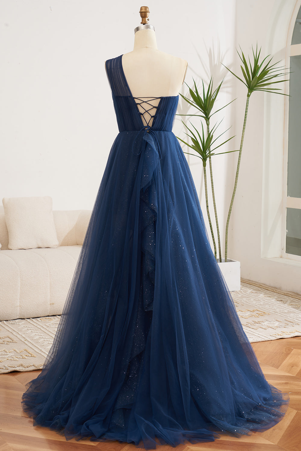 Luolandi A Line Navy One Shoulder Tulle Long Prom Dress Floor Length With Slit