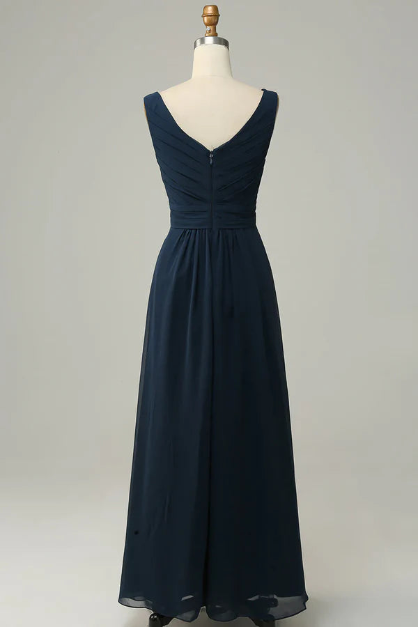 Luolandi Navy Blue V-neck Sleeveless A-line Bridesmaid Dress Floor Length