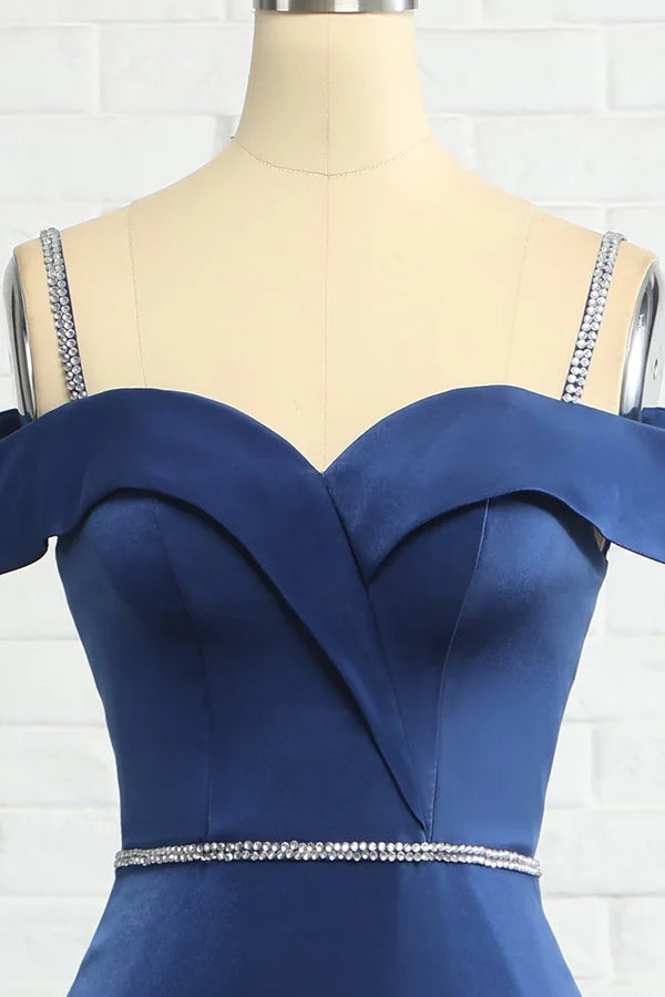 Luolandi Beaded Mermaid Off Shoulder Navy Blue Bridesmaid Dress With Slit Evening Dress