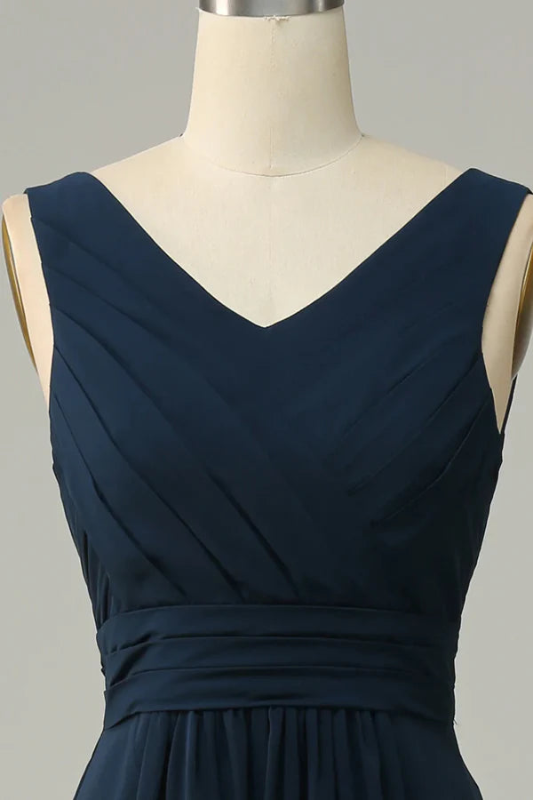 Luolandi Navy Blue V-neck Sleeveless A-line Bridesmaid Dress Floor Length