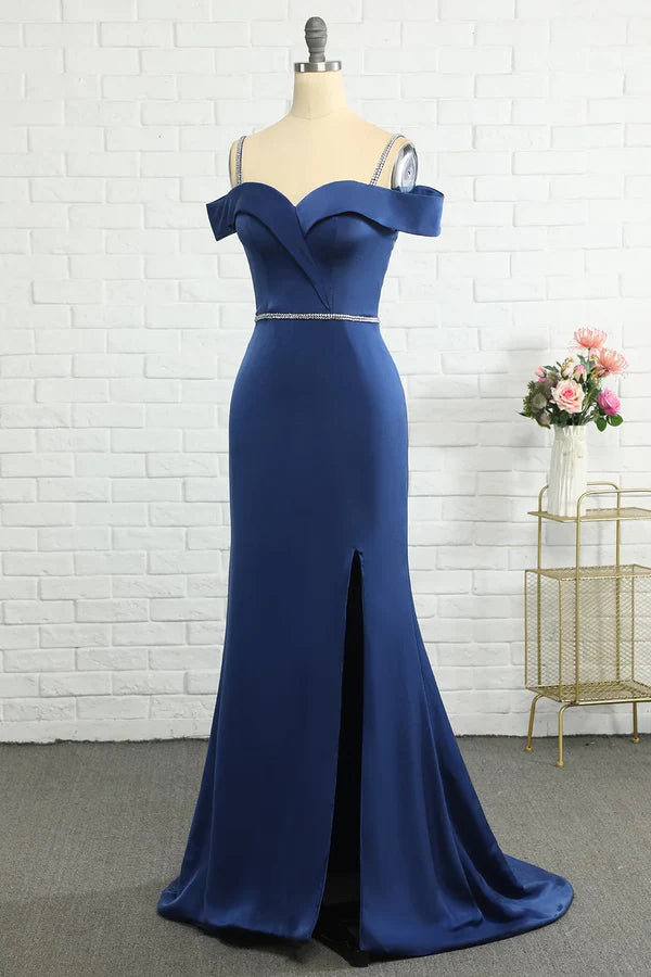 Luolandi Beaded Mermaid Off Shoulder Navy Blue Bridesmaid Dress With Slit Evening Dress