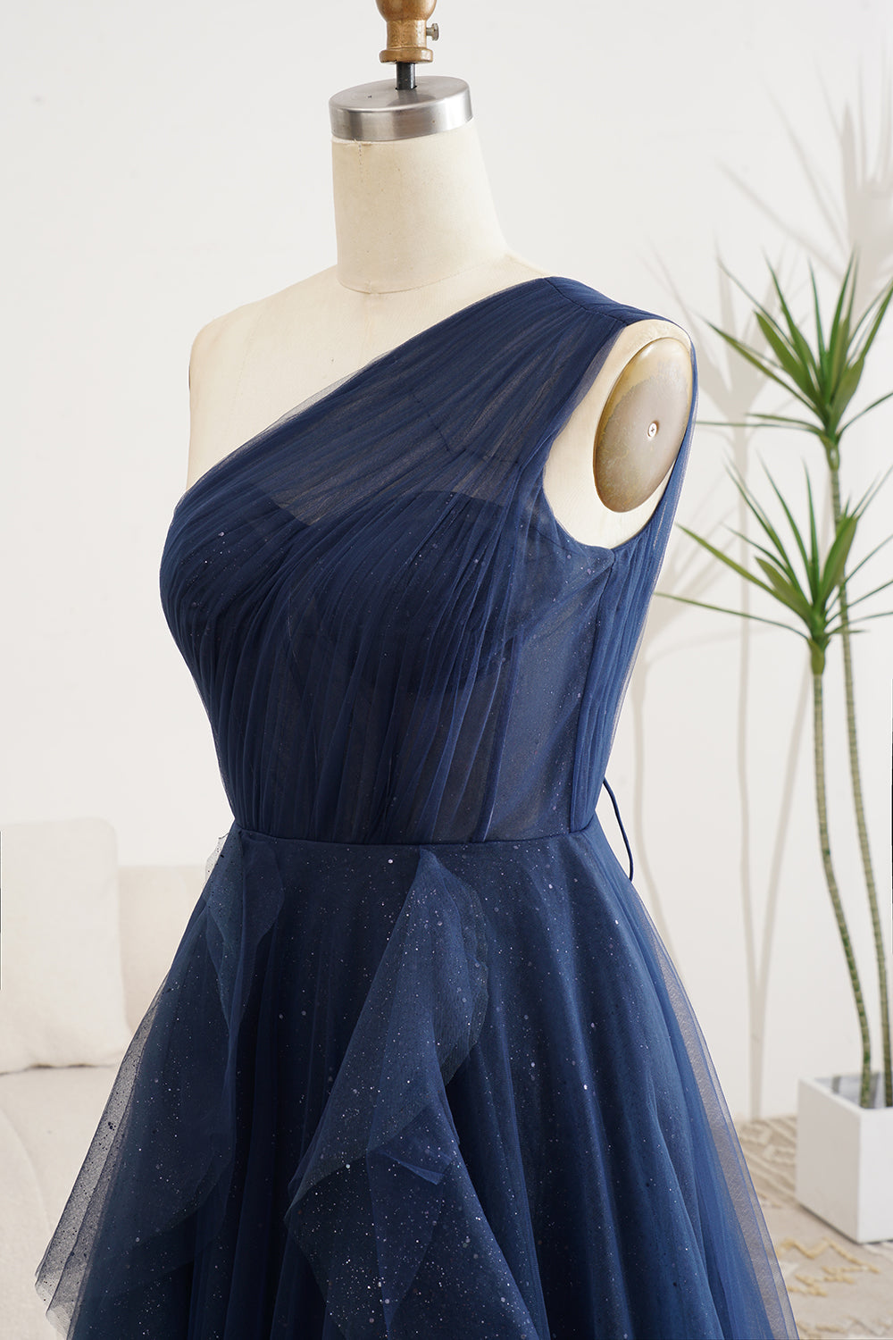 Luolandi A Line Navy One Shoulder Tulle Long Prom Dress Floor Length With Slit