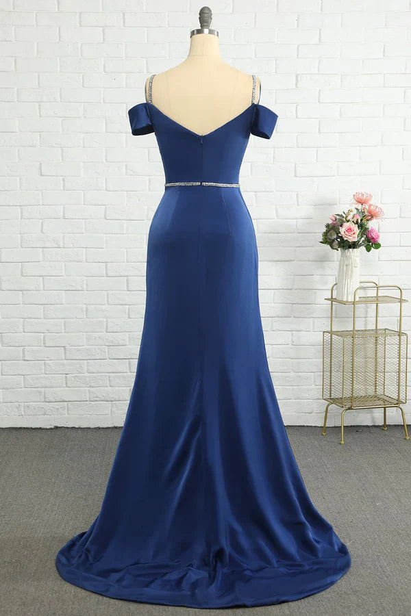 Luolandi Beaded Mermaid Off Shoulder Navy Blue Bridesmaid Dress With Slit Evening Dress
