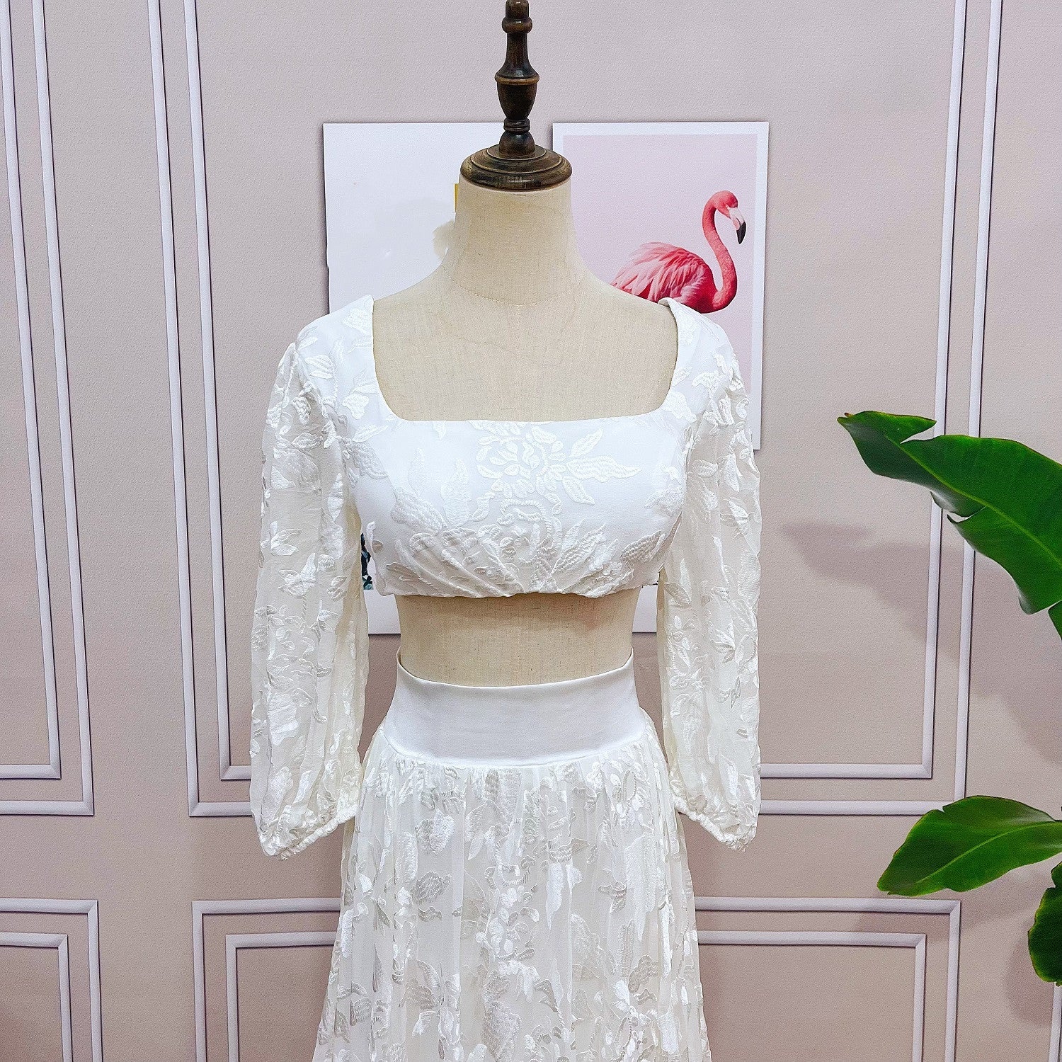 Luolandi Lace Two Pieces Square Neck 3/4 Puffy Sleeve Beach Bohemian Wedding Dresses Sexy Bridal Gown