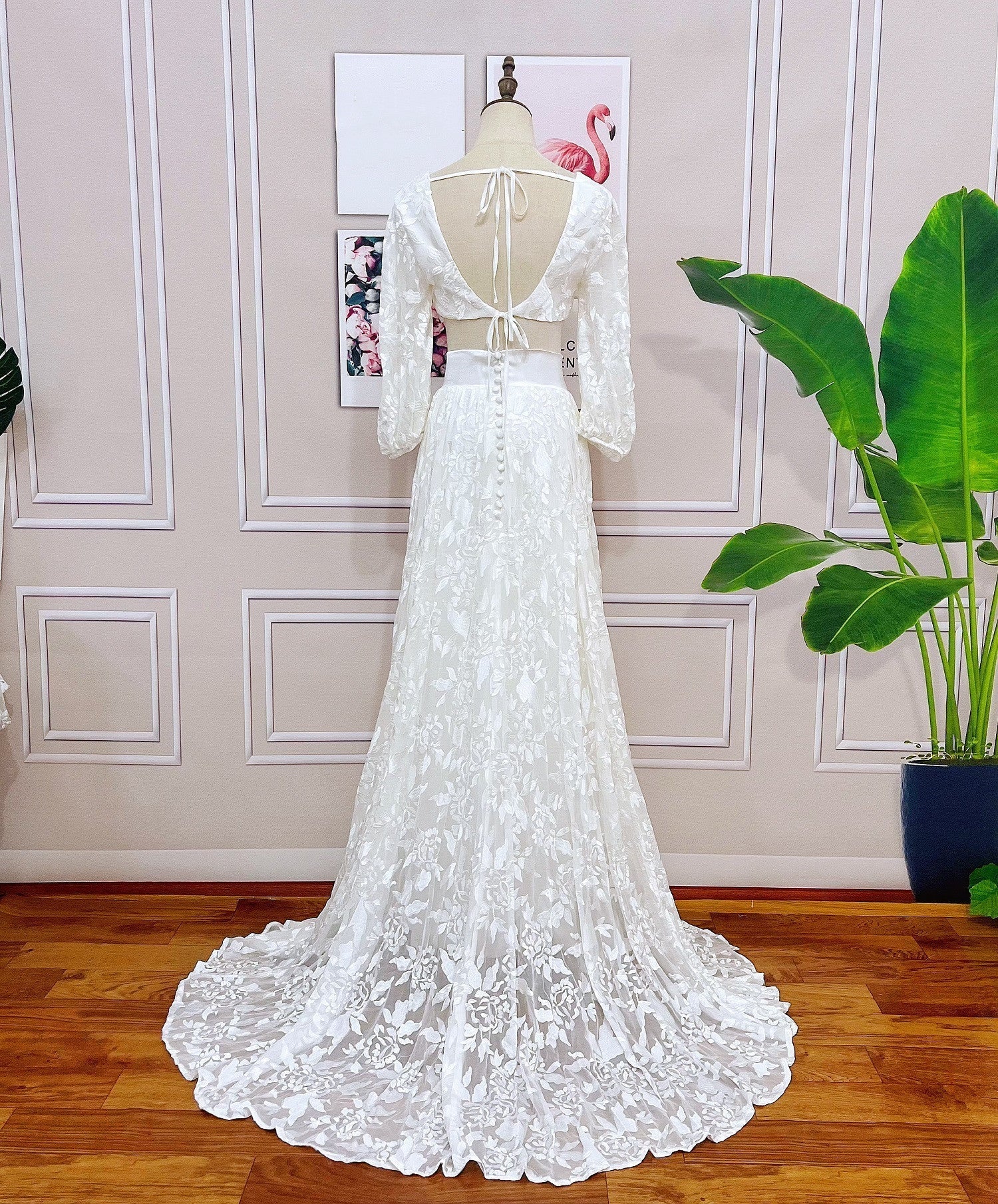 Luolandi Lace Two Pieces Square Neck 3/4 Puffy Sleeve Beach Bohemian Wedding Dresses Sexy Bridal Gown