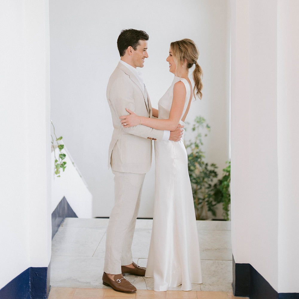 Luolandi Sheath High Cowl Neck Backless Silk Satin Wedding Dress Open Back