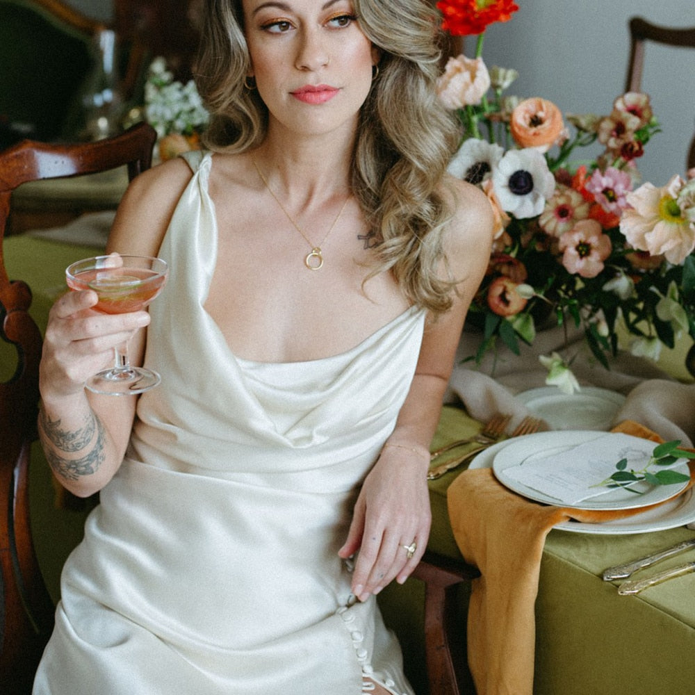 Luolandi Simple One Shoulder Cowl Neck Sheath Crepe Fitted Satin Buttons Slit Wedding Dresses Sexy