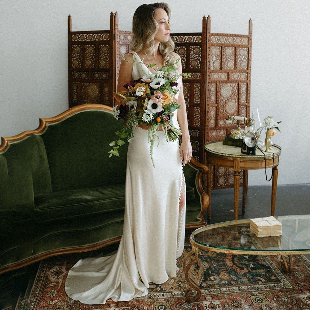 Luolandi Simple One Shoulder Cowl Neck Sheath Crepe Fitted Satin Buttons Slit Wedding Dresses Sexy