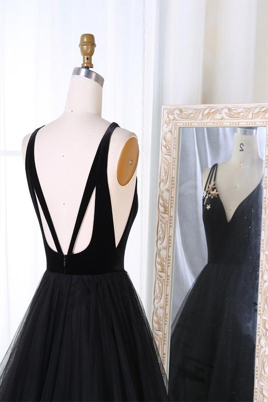 Luolandi New Arrival A-Line V-Neck Black Velvet Up Tulle Backless Sleeveless Long Prom Dresses Sexy Evening Dresses
