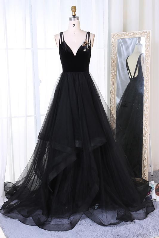 Luolandi New Arrival A-Line V-Neck Black Velvet Up Tulle Backless Sleeveless Long Prom Dresses Sexy Evening Dresses