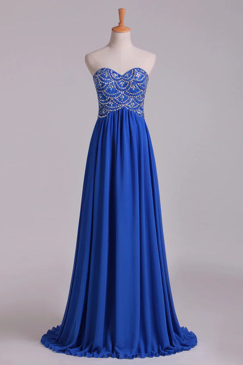 Luolandi Royal Blue Sweetheart Party Dresses A Line With Beaded Bodice Chiffon Off Shoulder